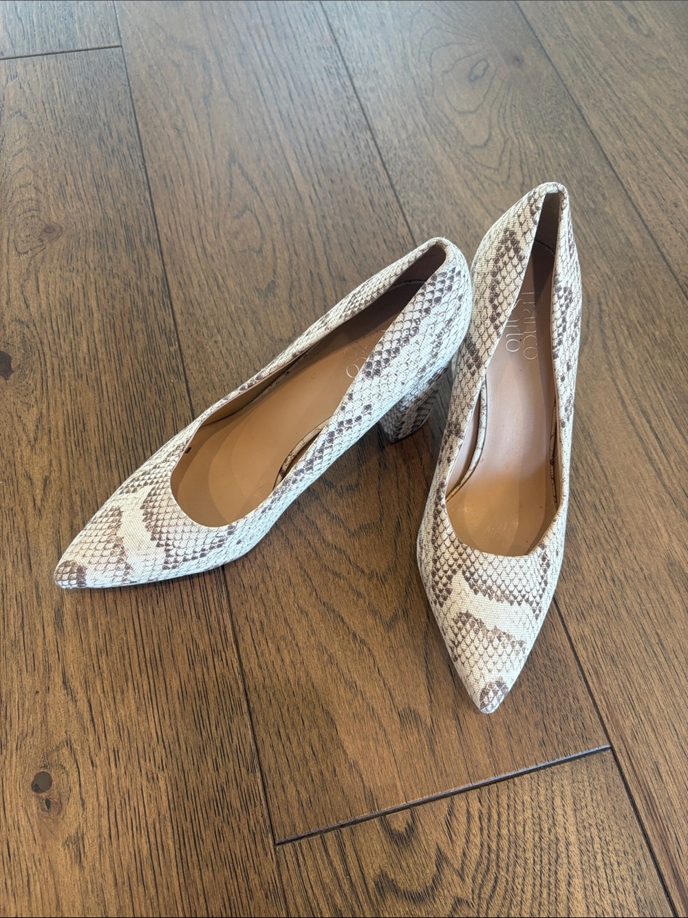 Franco Sarto Cream and Taupe Snake-Print Pointed Block Heel Pumps